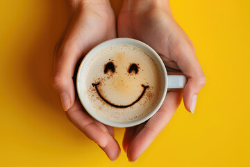 Woman's hands holding a cup of coffee with smiling face on the froth. Ai Generative