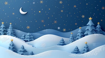Naklejka premium Papercraft winter scene with snowy hills, trees, and a crescent moon.