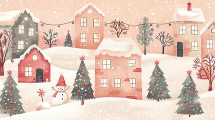 Watercolor illustration of a snowy winter village with Christmas trees and a snowman.