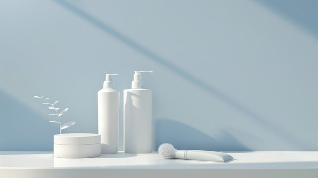 Mockup of white cosmetics bottles on white table with blue wall background for health and beauty branding