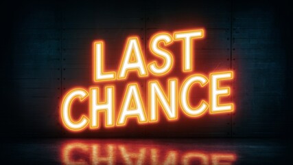 Neon sign displaying the words last chance in bold, bright lettering against a dark background, ideal for final opportunities in promotions, sales, and events.