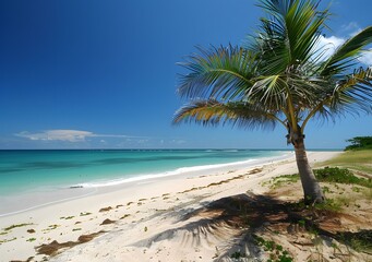 Palm tree on a beach with white sand and blue water
