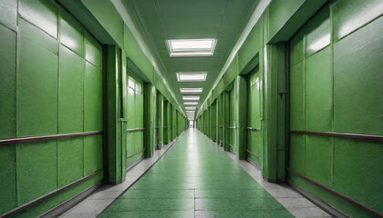 The hospital building features a long hallway with green walls, rectangular doors, and composite flooring. The ceiling is high with symmetrical windows and parallel fixtures