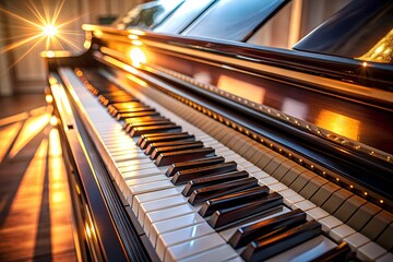 A visually compelling angle view of piano keys under ambient lighting, the image highlights the elegant design and craftsmanship of this beloved musical instrument
