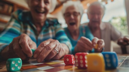 Cheerful elderly people with perfect teeth sitting in light nursery home playing table games close up photo