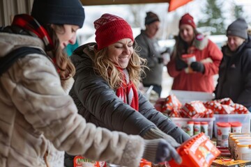 A local community engaging in holiday charity work, such as distributing food or gifts to those in need, highlighting the spirit of giving and community support