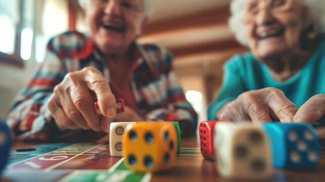 Cheerful elderly people with perfect teeth sitting in light nursery home playing table games close up photo - Powered by Adobe