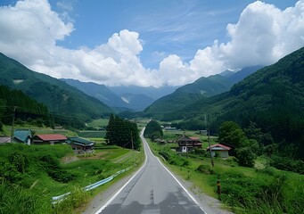 A road through a valley in the mountains