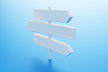 Close-up of white direction sign on blue background. 3d rendering illustration.