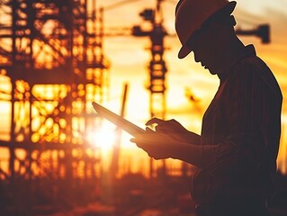 Civil engineer at a completed project site, taking notes on a tablet, with the finished structure in the background, showing project completion and review