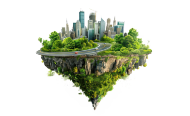 Floating City Island with Urban Skyscrapers and Greenery