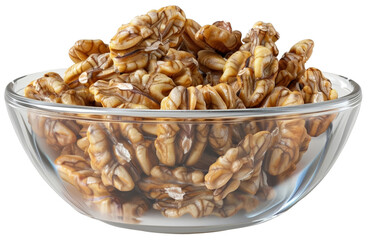 Obraz premium Glass bowl filled with fresh, shelled walnuts. Perfect for recipes, snacks, or health-focused imagery. Isolated on a white background. png. cut out. transparent background.