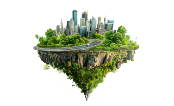 Floating City Island with Urban Skyscrapers and Greenery
