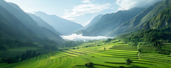 Golden Hour in Enchanted Valley: Mystical Landscape of Ancient Incan Terraces, Lush Vegetation, and Rising Mist in Remote Peru