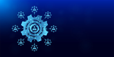 Gears, cogwheels polygonal futuristic with surround management icon. Effective workflow of organization teamwork. Mechanical technology machine engineering symbol. Banner empty space for text. Vector.