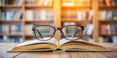 Glasses resting on an open book in a library setting, education, reading, studying, literature, research