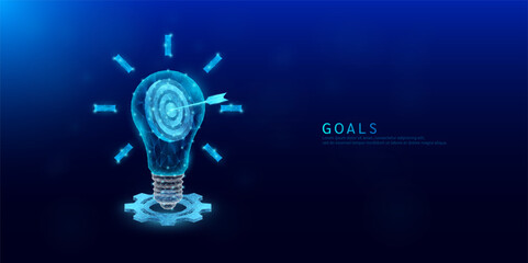 Target in light bulb polygonal glowing on cogwheels. Share ideas teamwork. Collaboration effective functioning for the organization success goals. Vector EPS10.