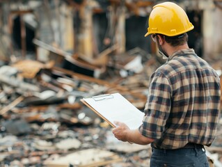 Civil engineer at a disaster site, working with emergency services, illustrating the role of engineers in crisis situations and recovery efforts