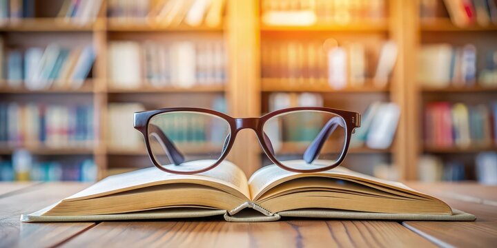 Glasses resting on an open book in a library setting, education, reading, studying, literature, research