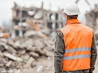 Civil engineer at a disaster site, working with emergency services, illustrating the role of engineers in crisis situations and recovery efforts