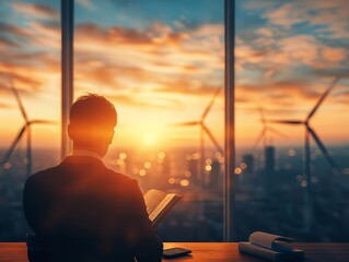 Fototapeta premium Civil engineer at a renewable energy site, planning wind turbine installations, with turbines and landscape, promoting clean energy projects