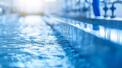 Civil engineer at a wastewater treatment plant, with industrial equipment and clean water output, emphasizing environmental engineering and sustainability