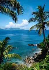Tropical beach with palm trees and blue water