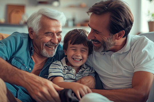 Happy grandfather and father tickling little boy, three generations of men having fun together, sitting on couch
