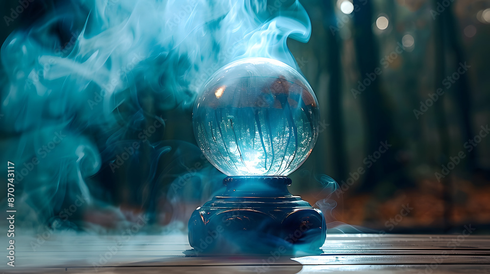 Wall mural fortune teller crystal ball in blue smoke on table against dark forest