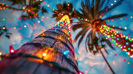 Palm trees wrapped in colorful Christmas lights, creating a tropical festive scene with vibrant colors and holiday spirit.