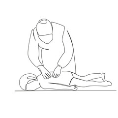 One continuous single drawing line art flat doodle  nurse doctor osteopath gives back massage to a small child. Isolated image hand draw contour on a white background
