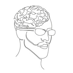 One continuous single drawing line art flat doodle head with brains, convolutions, thoughts, think, glasses, mind. Isolated image hand draw contour on a white background
