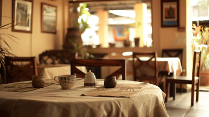 Close-up of table in cafe, white tablecloth, wooden chairs, natural light