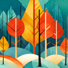 Contemporary art featuring abstract trees in sharp angles and soft gradients, inspired by fall's essence