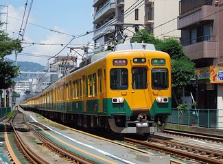 Fototapeta premium A green and yellow train is passing through a city.
