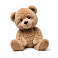 Obraz premium A fluffy brown teddy bear with black eyes and a simple facial expression, sitting on a white background