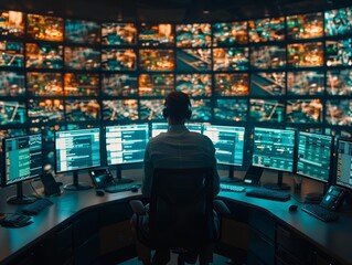 Civil engineer in a smart city control center, monitoring urban infrastructure through digital interfaces, showcasing smart city management