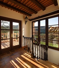 Obraz premium Interior Design of a Rustic House with Wooden Beams and Staircase