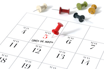 Calendar with Red Pushpin. Cinco de Mayo Concept Using White Background. 3d Rendering