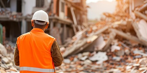 Civil engineer reviewing structural damage after a natural disaster, with collapsed buildings around, emphasizing disaster response and rebuilding