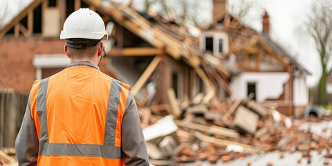 Civil engineer reviewing structural damage after a natural disaster, with collapsed buildings around, emphasizing disaster response and rebuilding