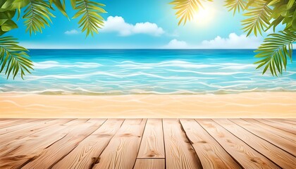 Natural wooden plank and summer beach landscape