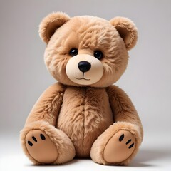 Obraz premium A fluffy brown teddy bear with black eyes and a simple facial expression, sitting on a white background
