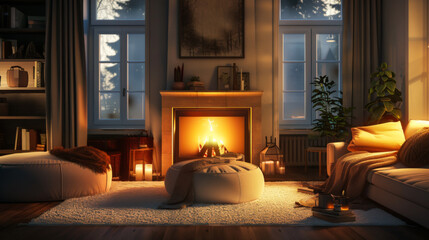 Fototapeta premium Cozy living room interior with fireplace and comfortable furniture. The concept of design and interior, comfort.
