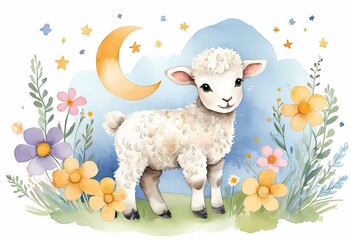 Watercolor Cute Baby Valais Lamb generative AI illustration
