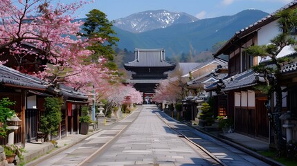 Japanese traditional architecture with cherry blossoms