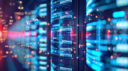 Fototapeta premium a row of servers in a data center with bright lights on them and a blurry background of the room..