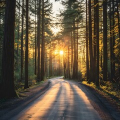 Fototapeta premium The sun shines through the tall trees in the forest