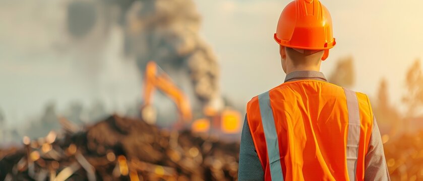 Civil engineer working on environmental impact assessments, green landscape with construction machinery in the background, showing sustainable practices