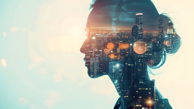 Business woman wearing glasses and science and technology background with city scape and digital overlay innovative background for successful business development - Powered by Adobe